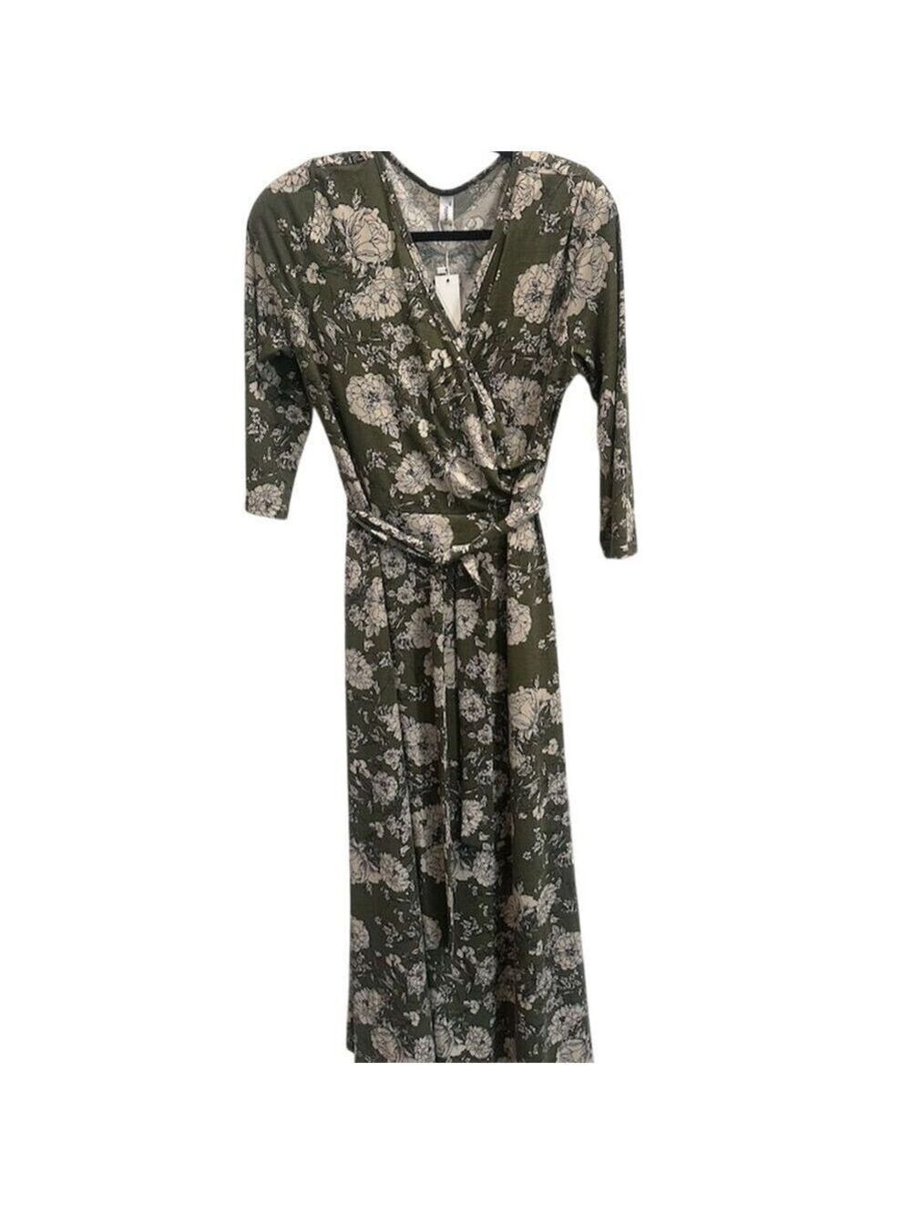 Aphrattti Women's 1X Green Floral Faux Wrap Midi Dress 3/4 Sleeve